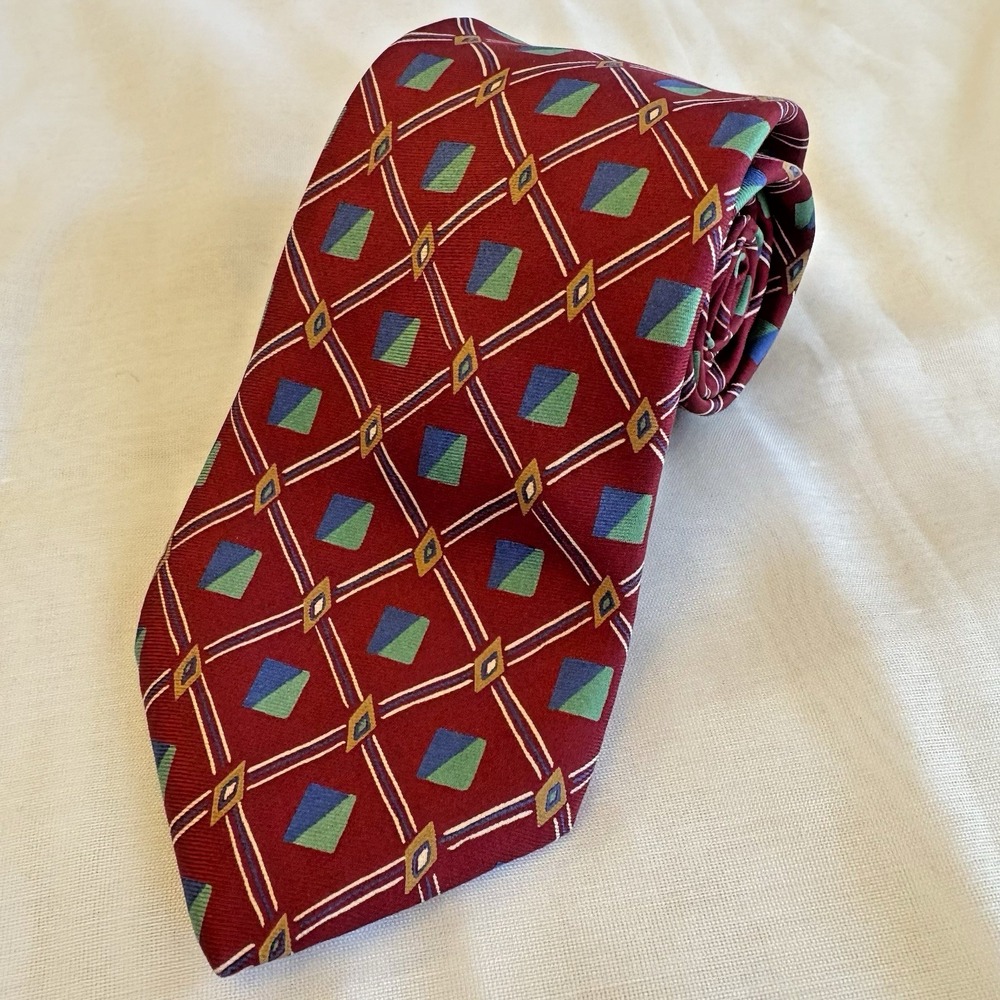 Lands End Silk Necktie Red Green Blue Geometric Diamond Print Tie Long 62" USA - Picture 2 of 9